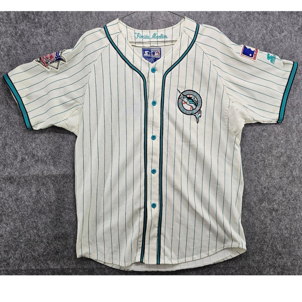 Vintage Starter Florida Marlins MLB Baseball Jersey Cream Teal Pinstripe Mens L